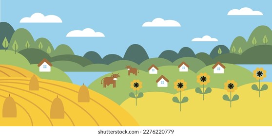 Vector horizontal illustration of a forest landscape, fields with sunflowers, cows and lakes. Ukrainian landscape. Nature illustration for children's books, prints and designs