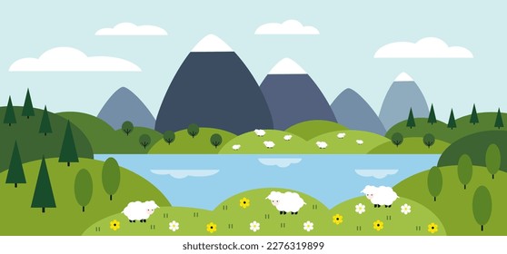 Ilustración horizontal vectorial del paisaje forestal, montañas, árboles, lagos y ovejas. Ilustración natural de libros, huellas y dibujos infantiles.