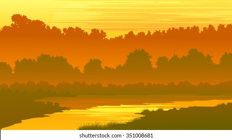 Vector horizontal illustration of forest thickets on river bank at sunset.