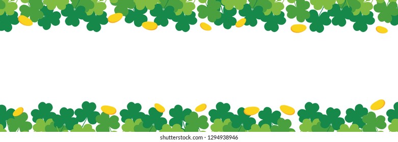Vector horizontal illustration, frame, card template with shamrock, clover and golden coins for Saint Patrick's Day design.
