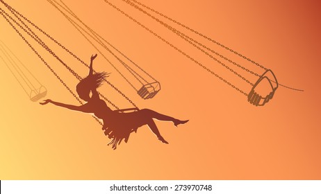 Vector horizontal illustration girl on swing carousel with background of orange sky.