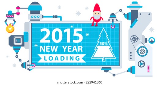 Vector horizontal illustration of the gnome operates the machines that holds Christmas billboard showing loading of the new year. Color bright flat design for card, banner, poster, advertising, blog 