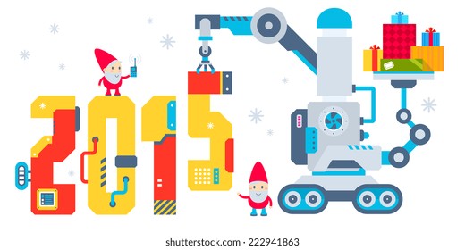 Vector horizontal illustration of the gnome operates the machine that puts presents and puts the number 2015. Color bright flat design for card, banner, poster, advertising, blog 