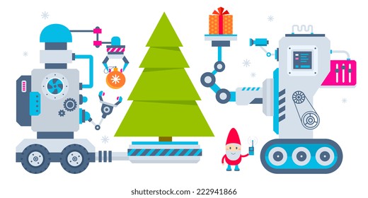Vector horizontal illustration of the gnome operates the machines that carry gift and ball to Christmas tree. Color bright flat design for card, banner, poster, advertising, blog 