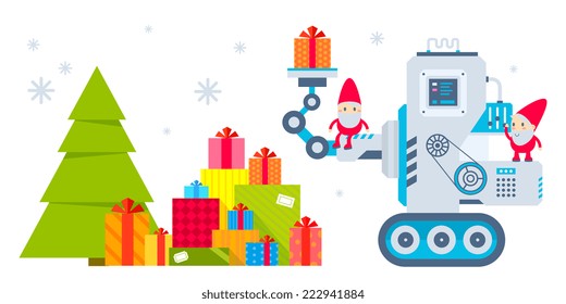 Vector horizontal illustration of the gnome operates the machine, that puts the presents under the Christmas tree. Color bright flat design for card, banner, poster, advertising, blog 