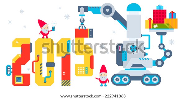 Vector\
horizontal illustration of the gnome operates the machine that puts\
presents and puts the number 2015. Color bright flat design for\
card, banner, poster, advertising, blog\
