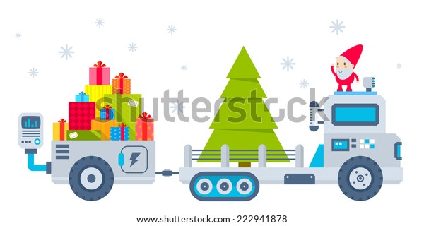 Vector\
horizontal illustration of the gnome operates the machine, which\
carries a Christmas tree and gifts. Color bright flat design for\
card, banner, poster, advertising, blog\
