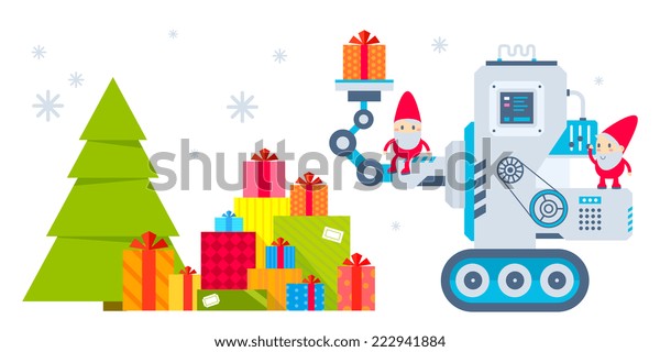 Vector horizontal illustration of the gnome operates the\
machine, that puts the presents under the Christmas tree. Color\
bright flat design for card, banner, poster, advertising, blog\
