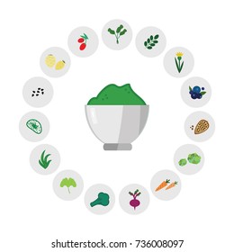 vector horizontal illustration of green powdered superfood blend with ingredients symbols for healthy nutrition supplies concept  