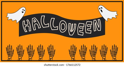 Vector horizontal illustration Halloween design on a orange background. Ghosts are holding Halloween sign on a black background. Banner for sale. Event party card.