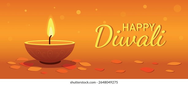 Ilustração horizontal vetorial do feliz festival Diwali, luz, calor e vitória do bem sobre o mal. Lâmpada de óleo com chama e pétalas sobre fundo brilhante. Ideal para cartões de férias e banners