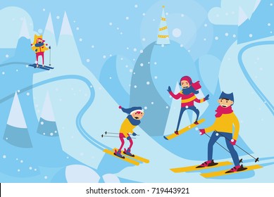Vector horizontal illustration with happy family skiing in mountains. Winter scene with family activities with ski and snowboard
