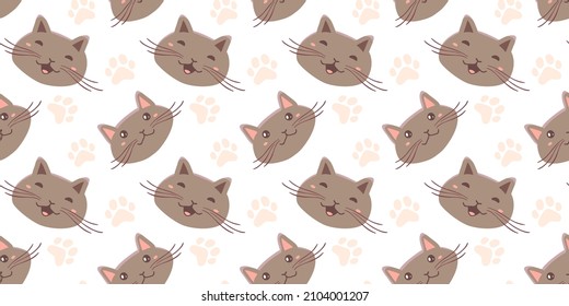 Vector horizontal illustration with head of happy cute cat character on white color background. Flat style seamless pattern design of animal cat with paw print for web, site, banner, poster, print