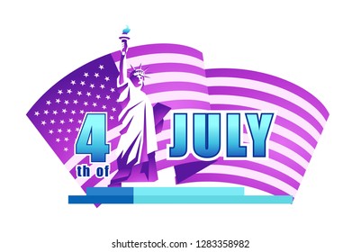 Vector horizontal illustration for the holiday of Independence Day of America. Banner with national attributes and symbols of the flag and the statue of liberty in purple colors.