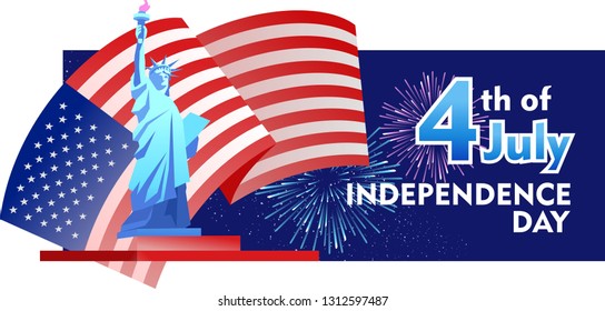 Vector horizontal illustration for the holiday of Independence Day of America. Banner with national attributes and symbols of the flag and the statue of liberty