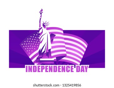 Vector horizontal illustration for the holiday of Independence Day of America. Banner with national attributes and symbols of the flag and the statue of liberty in purple colors.
