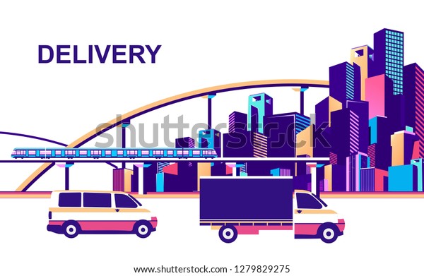 vector horizontal illustration industrial\
cityscape with bridges roads and moving vehicles banner on white\
background isolated