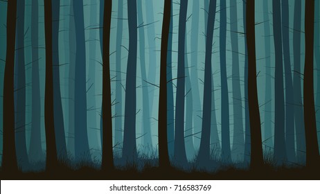 Vector horizontal illustration inside misty coniferous forest with grass in blue tone.