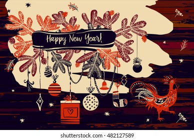 Vector horizontal illustration for invitation, poster, banner, postcard for party Happy New Year 2017. Symbol red fire rooster of year 2017 on wood background. 