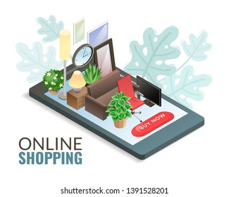 Vector horizontal illustration with isometric isolated interior items standing on the mobile phone screen with blending shadow on a white background