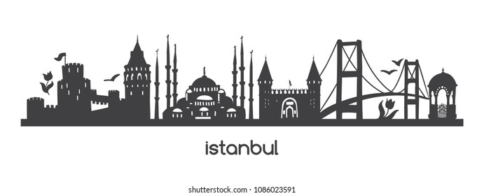 Vector horizontal illustration Istanbul. Black silhouette of famous turkish symbols and landmarks. Hand drawn elements of tower, bridge, tram, mosque in Turkey. Panoramic banner or print design. 