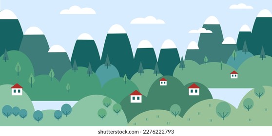 Vector horizontal illustration of the landscape of the forest, mountains, houses, trees and lakes. Nature illustration for children's books, prints and designs