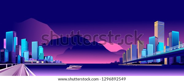 vector horizontal illustration of a landscape of\
a night city divided by a river of water, two districts with an\
embankment and bridges
