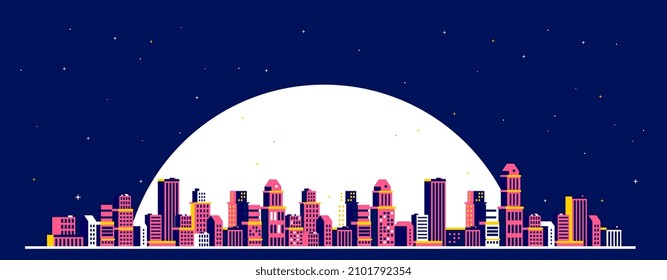 Vector horizontal illustration of light city street on dark blue sky background with large full moon. Flat isometric style design of panorama of night red color cityscape with star for web, banner