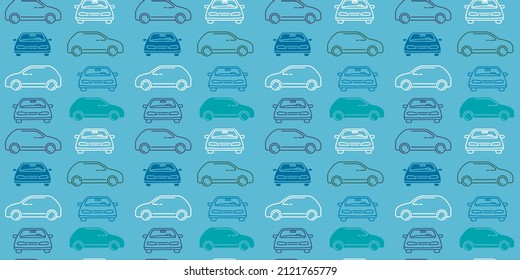 Vector Horizontal Illustration Of Line Car On Blue Color Background. Line Art Style Design Of Car Parking Seamless Pattern For Web, Site, Banner, Children Print, Textile