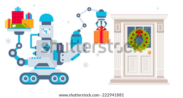 Vector\
horizontal illustration of the machine that puts present under the\
door, decorated Christmas wreath. Color bright flat design for\
card, banner, poster, advertising, blog\
