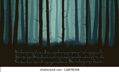 Vector horizontal illustration misty coniferous forest with grass in dark tone and place for text.