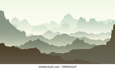 Vector horizontal illustration of morning misty rocky low mountains in green tone.