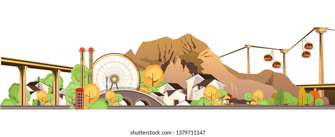 vector horizontal illustration of a mountain resort with an amusement park, rural highlands on a white background