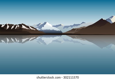 Vector horizontal illustration of mountains. Daily mountains landscape. mountains reflected in the water. mountain background.