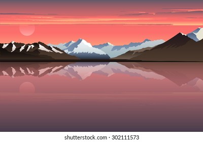 Vector horizontal illustration of mountains. Sunset in the mountains. Sunrise in the mountains. Mountains reflected in the water. Sun and mountains. mountains background.