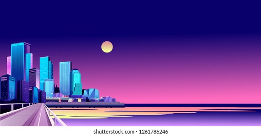 Vector Ilustración Horizontal del paisaje nocturno de la ciudad a la orilla del mar iluminado por luces y sol poniente, los dirigibles vuelan en el cielo sobre el agua