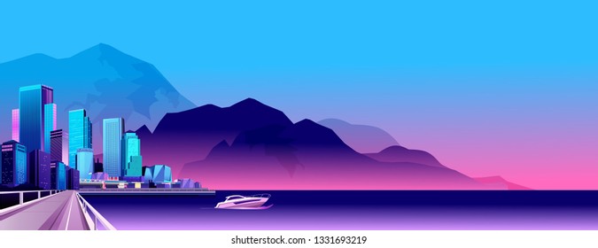 vector horizontal illustration of night city landscape on the seashore lit by lights and setting sun,