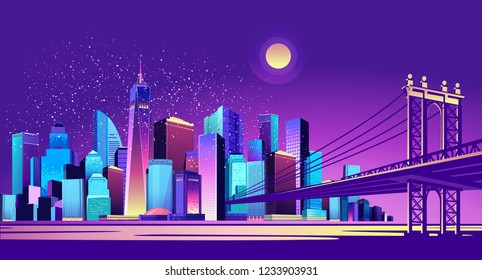 vector horizontal illustration of night cityscape through the canal passes a huge bridge connecting two districts of the city, exposed to moonlight