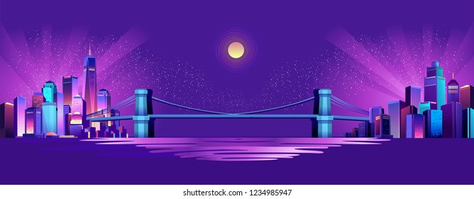 vector horizontal illustration of night cityscape through the canal passes a huge bridge connecting two districts of the city, exposed to moonlight