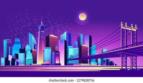 vector horizontal illustration of night cityscape through the canal passes a huge bridge connecting two districts of the city, exposed to moonlight