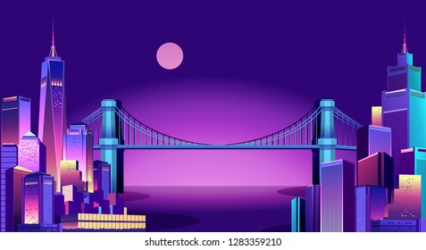 vector horizontal illustration of night cityscape through the canal passes a huge bridge connecting two districts of the city, exposed to moonlight