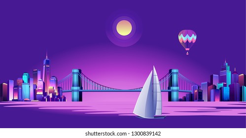 vector horizontal illustration of night cityscape through the canal passes a huge bridge connecting two districts of the city, exposed to moonlight