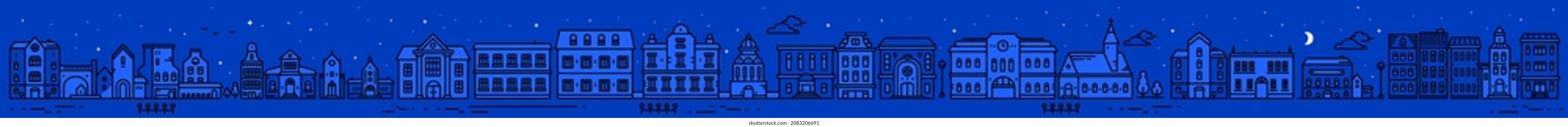 Vector horizontal illustration of night cityscape on dark blue color sky background with cloud and star. Line art style design of panorama of european city street for web, site, banner, poster, flyer