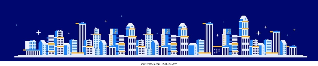 Ilustración horizontal vectorial del paisaje urbano nocturno sobre el fondo del cielo de color azul oscuro con la estrella. Diseño de estilo isométrico plano del panorama de la ciudad de luz calle para web, sitio, banner, afiche, impresión