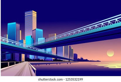 vector horizontal illustration of night futuristic city landscape on the bank of a reservoir with bridges roads