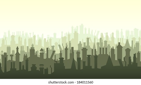 Vector horizontal illustration of old historic European city roofs with numerous chimney flues.