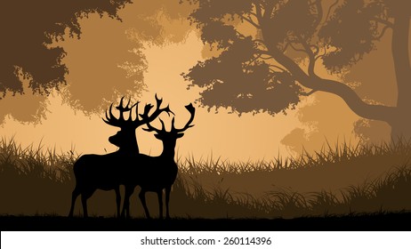 Vector horizontal illustration pair of wild deer in forest sunset.