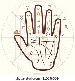 vector horizontal illustration of palm reading and scared symbols in retro style vintage colors 