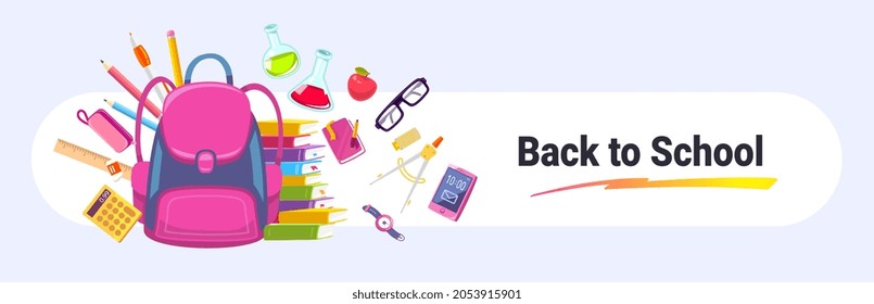 Vector horizontal illustration of pink color school bag with book, phone and stationery on white background with text back to school. Bright design for web, site, banner, poster
