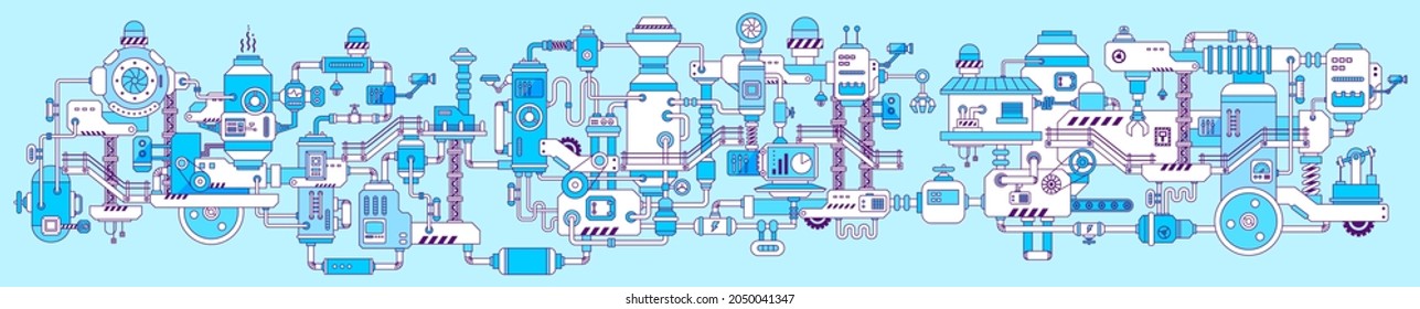 Vector Horizontal Illustration with Product Production Machine. Line Art Style Design of Retro Complex Mechanism on Blue Color Background